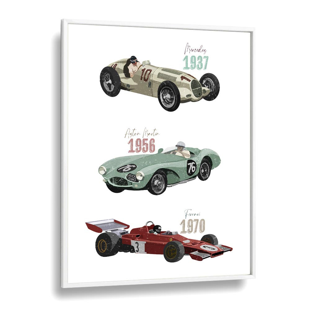 Vintage Race Cars by Goed Blauw Kids Paintings in White Plain Frame