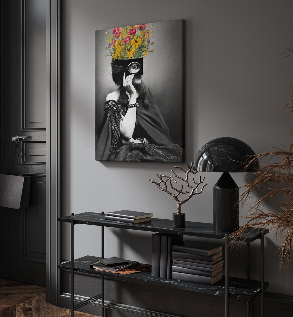 Vintage Woman With Flowers by the Art Concept Altered Art Prints in Gallery Wrap placed on a wall behind a table and beside a door