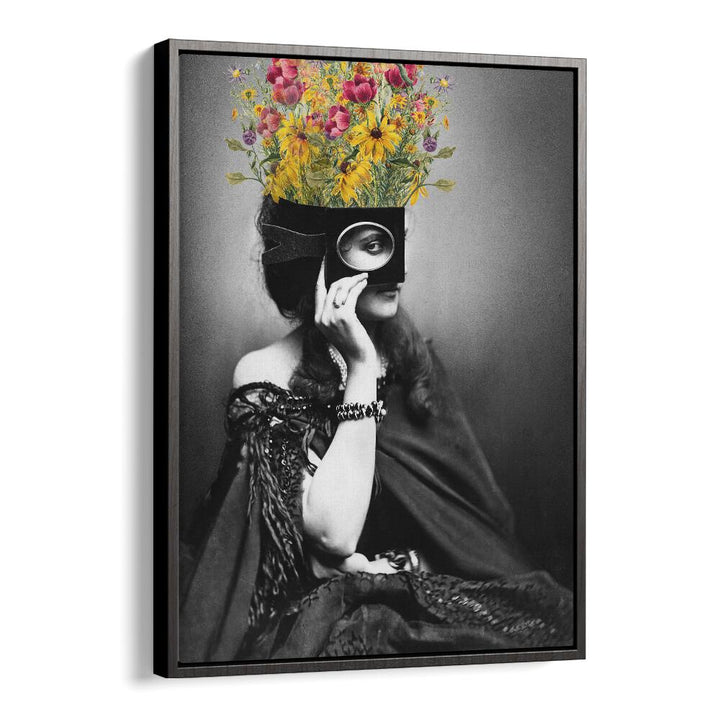 Vintage Woman With Flowers by the Art Concept Altered Art Prints in Black Floater Frame