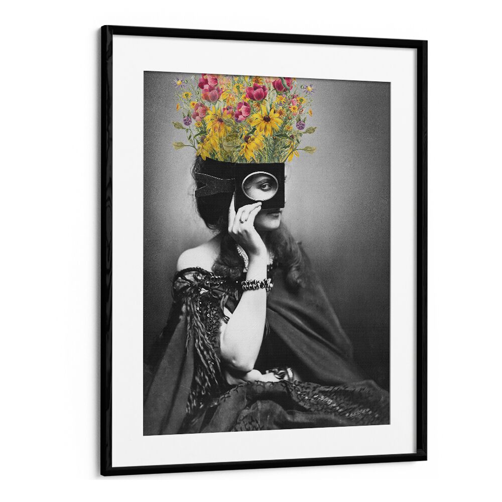 Vintage Woman With Flowers by the Art Concept Altered Art Prints in Black Frame With Mount