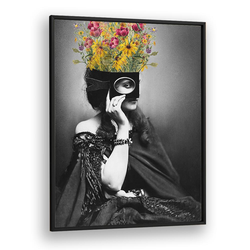 Vintage Woman With Flowers by the Art Concept Altered Art Prints in Black Plain Frame