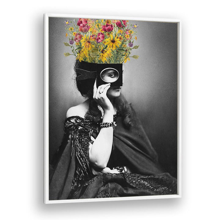 Vintage Woman With Flowers by the Art Concept Altered Art Prints in White Plain Frame