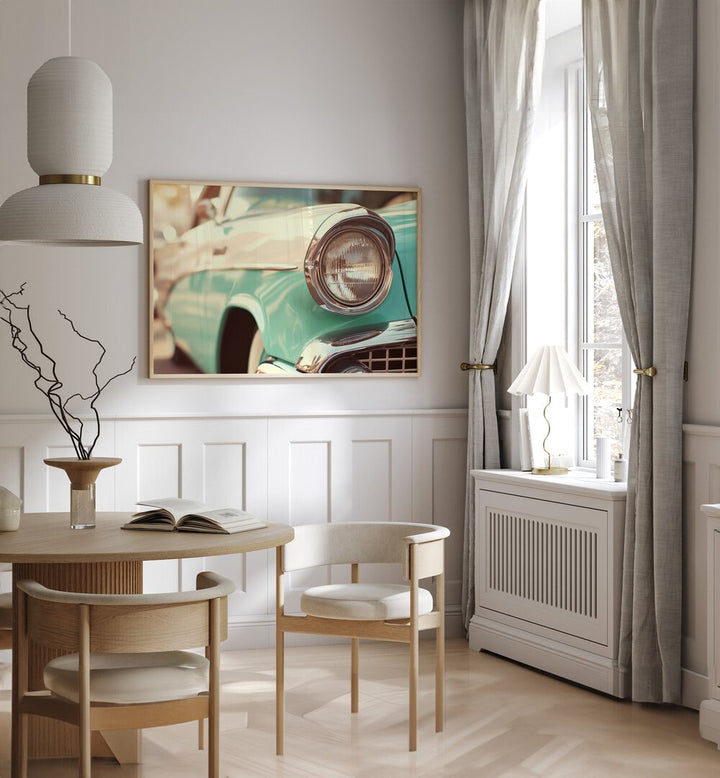 Classic turquoise car showcasing VINTAGE CAR VIBES, CAR POSTERS by Philippe Hugonnard, perfect for nostalgic decor.