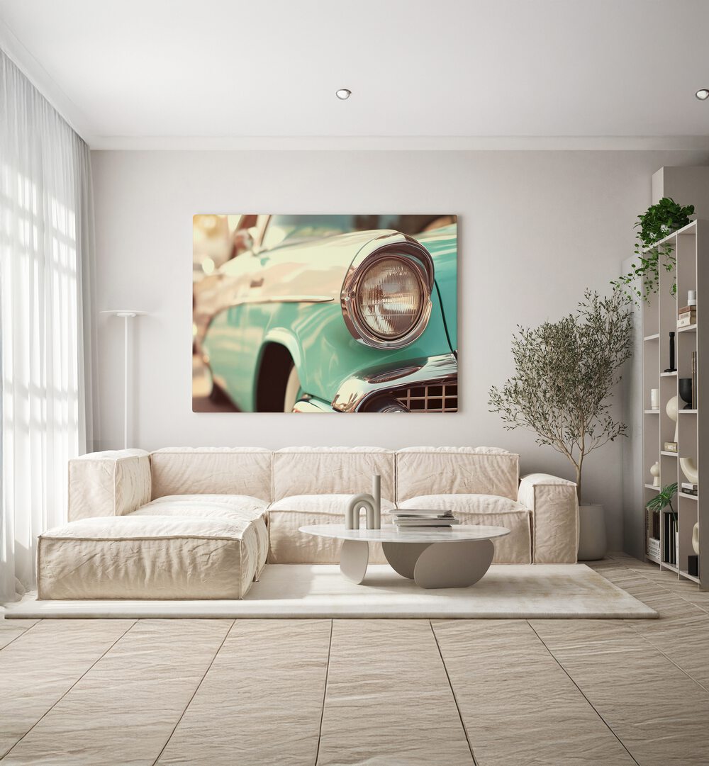 Classic turquoise car showcasing VINTAGE CAR VIBES, CAR POSTERS for timeless home decor by Philippe Hugonnard.