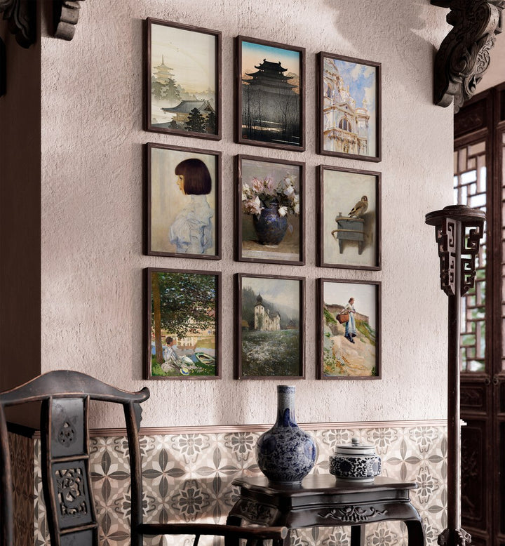 Elegant VINTAGE GALLERY WALL II, GALLERY WALLS featuring framed art prints that enhance any vintage-inspired room.