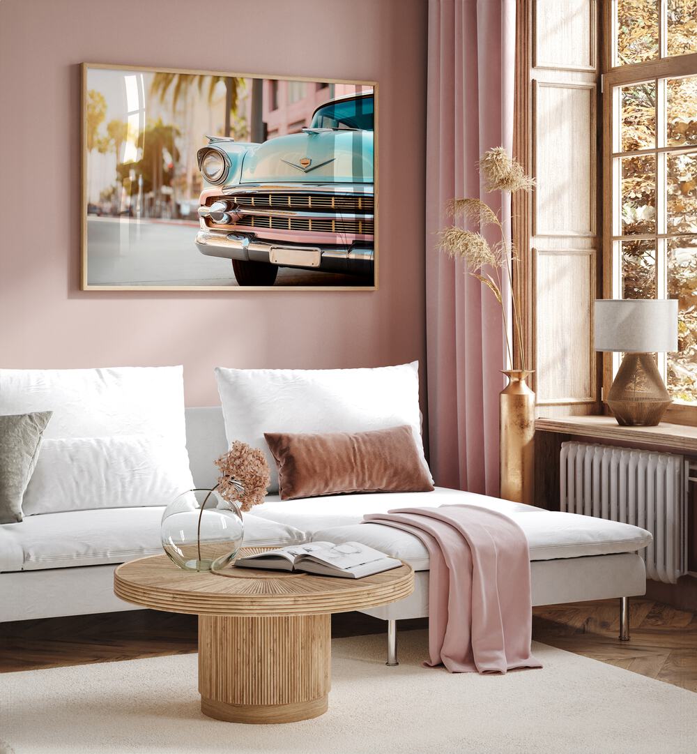 Stylish living room featuring VINTAGE VIBES, CAR POSTERS, adding a nostalgic touch to contemporary decor.