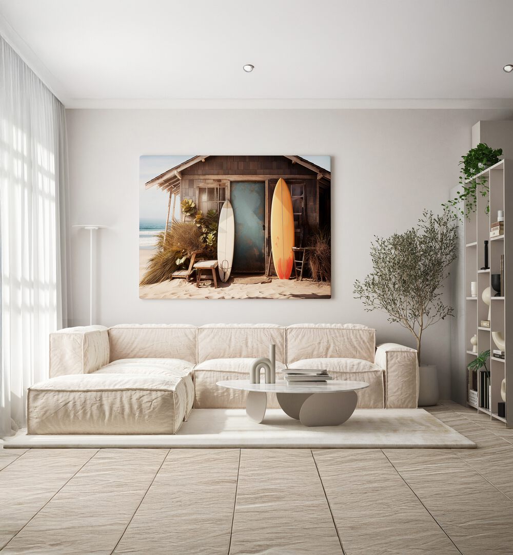 Transform your space with VINTAGE VIBRANCE, BEACH PAINTINGS featuring surfboards by Philippe Hugonnard.