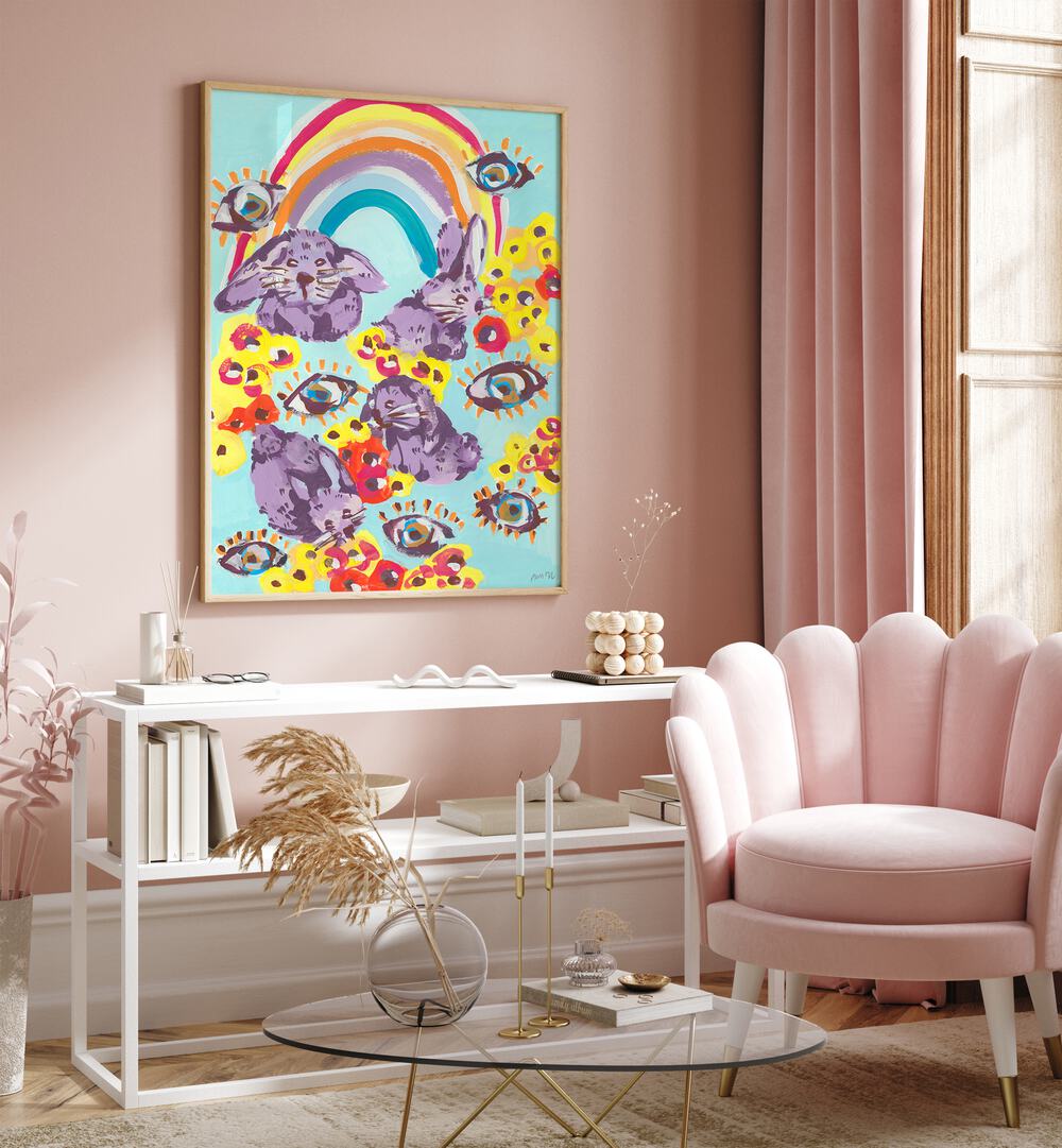 Violet Bunnies Having Fun By Ania Zwara Kids Room Paintings Kids Room Wallart in Oak Wood Plain Frame placed on a Pink Colored Wall above a Console Table in the Drawing Room