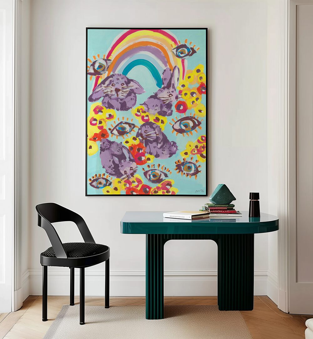 Violet Bunnies Having Fun By Ania Zwara Kids Room Paintings Kids Room Wallart in Black Plain Frame placed on a Cream Colored Wall near a Table in a Workspace in the Drawing Room