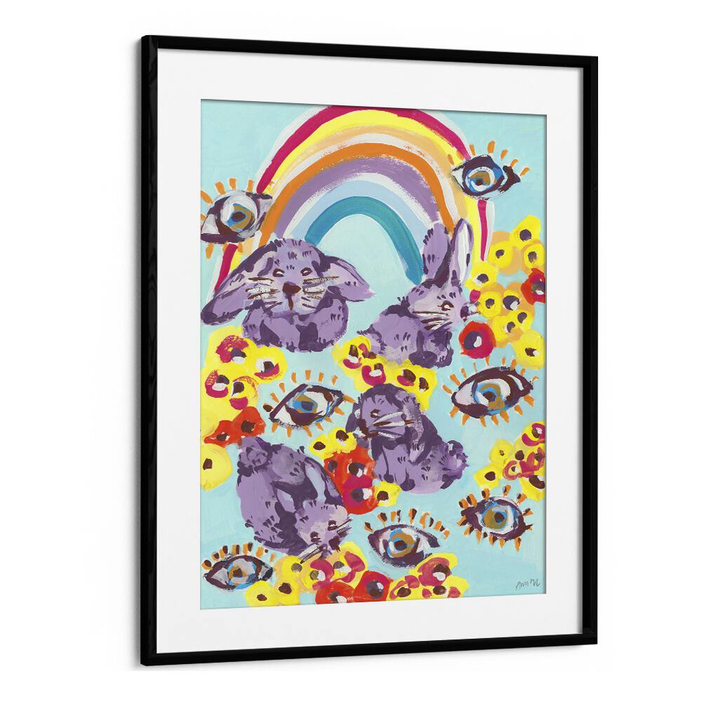 Violet Bunnies Having Fun By Ania Zwara Kids Room Paintings Kids Room Wallart in Black Frame With Mount