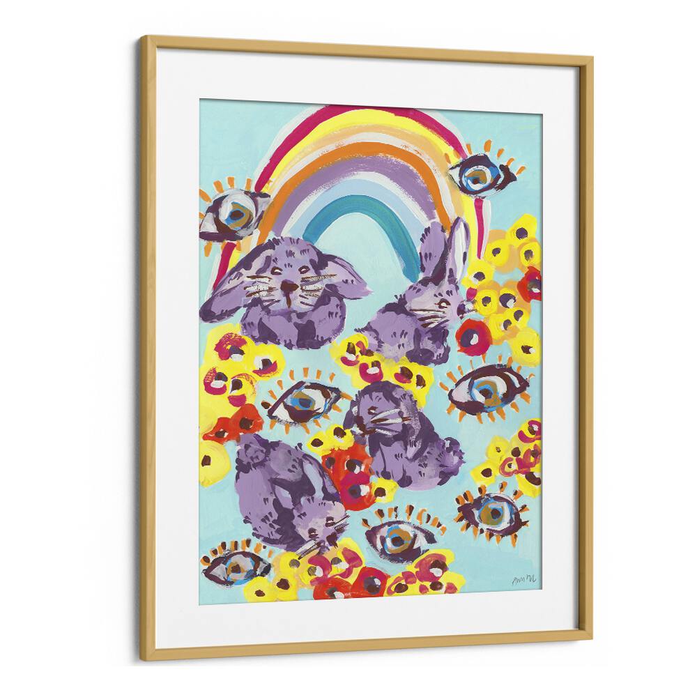 Violet Bunnies Having Fun By Ania Zwara Kids Room Paintings Kids Room Wallart in Oak Wood Frame With Mount