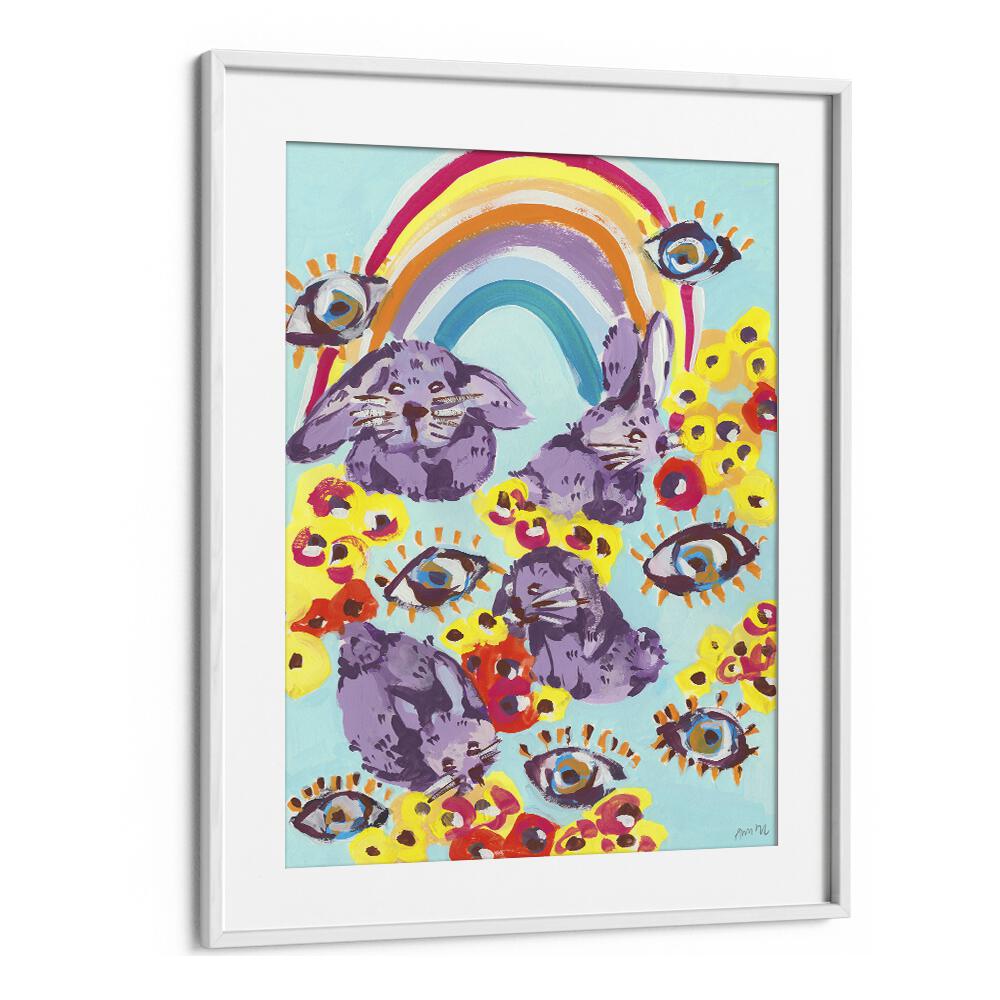 Violet Bunnies Having Fun By Ania Zwara Kids Room Paintings Kids Room Wallart in White Frame With Mount