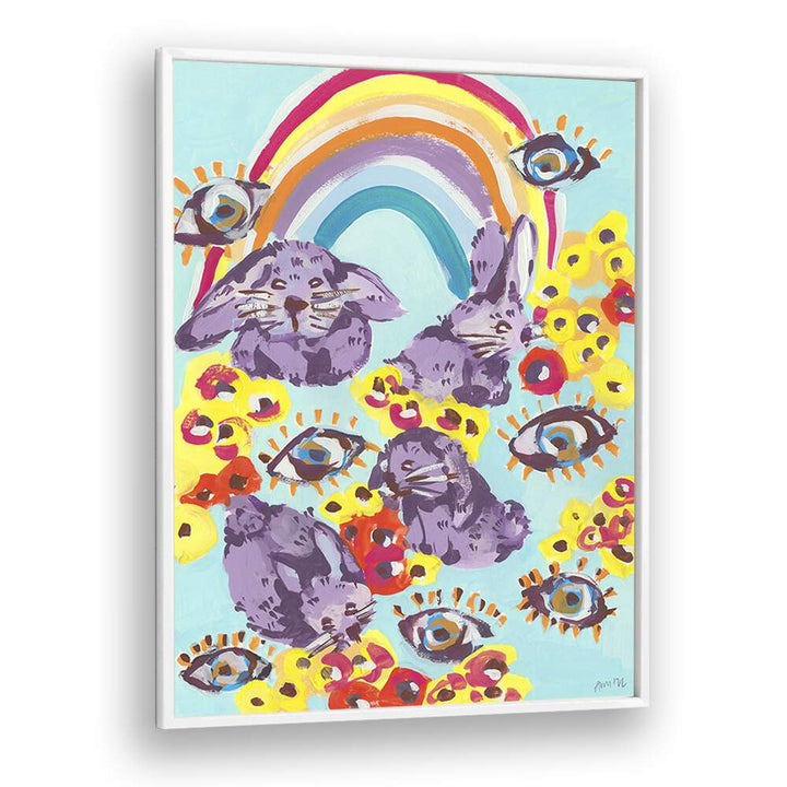 Violet Bunnies Having Fun By Ania Zwara Kids Room Paintings Kids Room Wallart in White Plain Frame