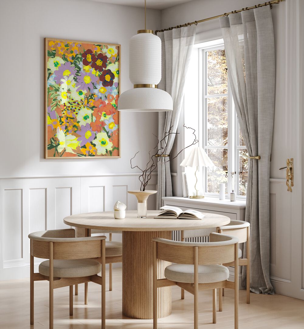 Violet Daisies And Orange Marigold By Ania Zwara Botanical Art Prints Floral Paintings in Oak Wood Plain Frame placed on a White Colored Wall near a Coffee Table in the Dining Room