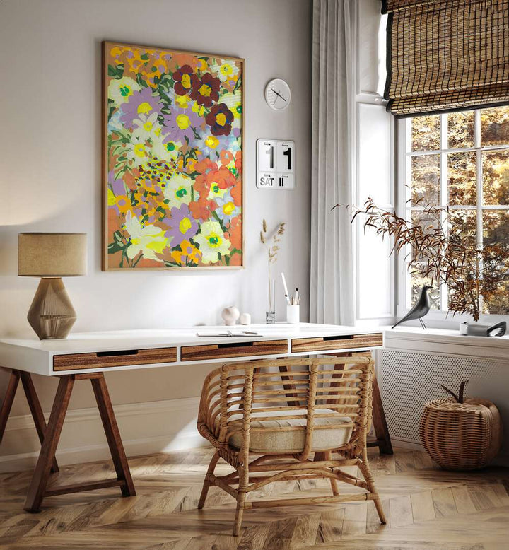 Violet Daisies And Orange Marigold By Ania Zwara Botanical Art Prints Floral Paintings in Oak Wood Plain Frame placed on a White Colored Wall near a Study Table in the Drawing Room