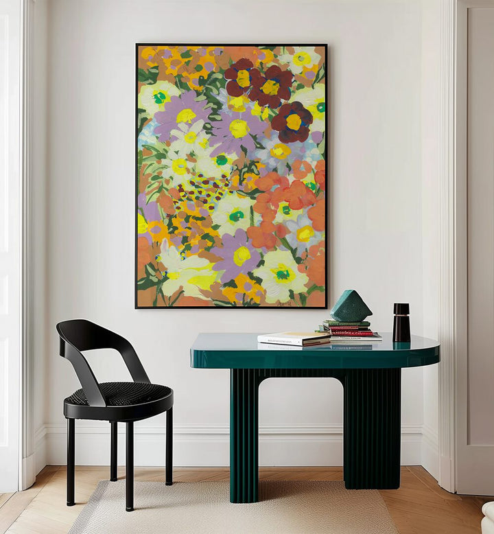 Violet Daisies And Orange Marigold By Ania Zwara Botanical Art Prints Floral Paintings in Black Plain Frame placed on a Cream Colored Wall near a Table in a Workspace in the Drawing Room