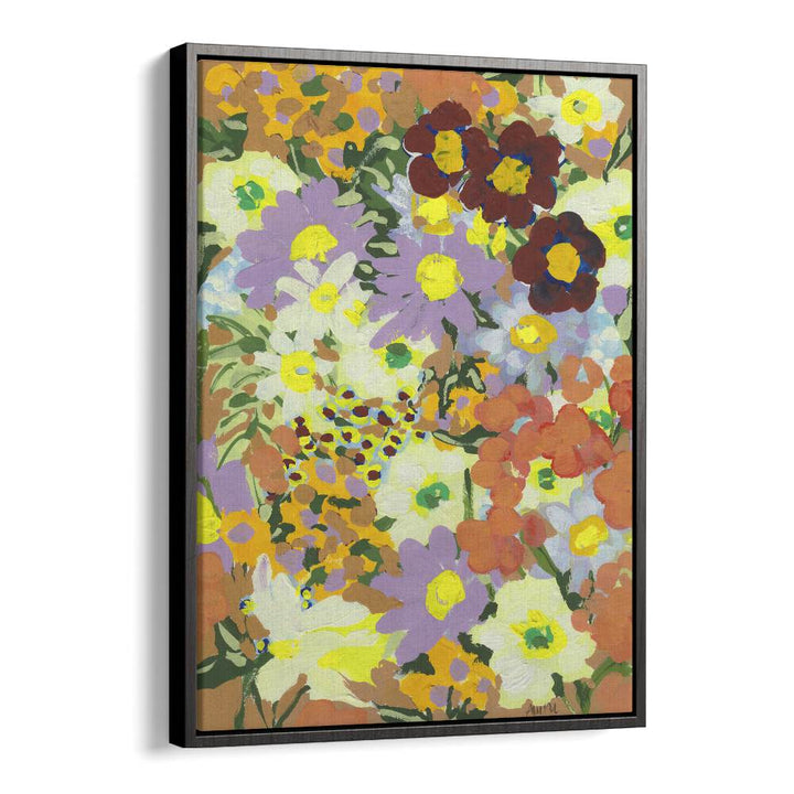 Violet Daisies And Orange Marigold By Ania Zwara Botanical Art Prints Floral Paintings in Black Floater Frame