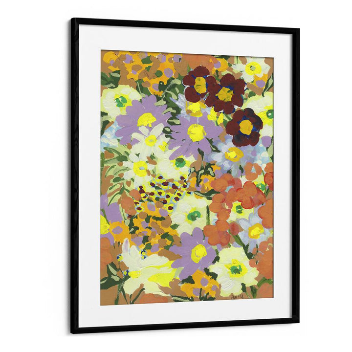 Violet Daisies And Orange Marigold By Ania Zwara Botanical Art Prints Floral Paintings in Black Frame With Mount