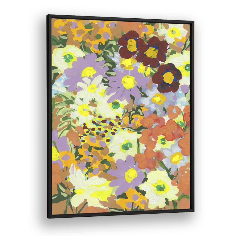 Violet Daisies And Orange Marigold By Ania Zwara Botanical Art Prints Floral Paintings in Black Plain Frame