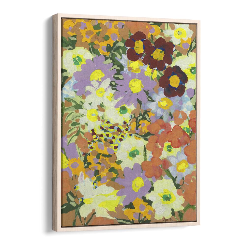 Violet Daisies And Orange Marigold By Ania Zwara Botanical Art Prints Floral Paintings in Oak Wood Floater Frame