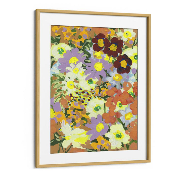 Violet Daisies And Orange Marigold By Ania Zwara Botanical Art Prints Floral Paintings in Oak Wood Frame With Mount