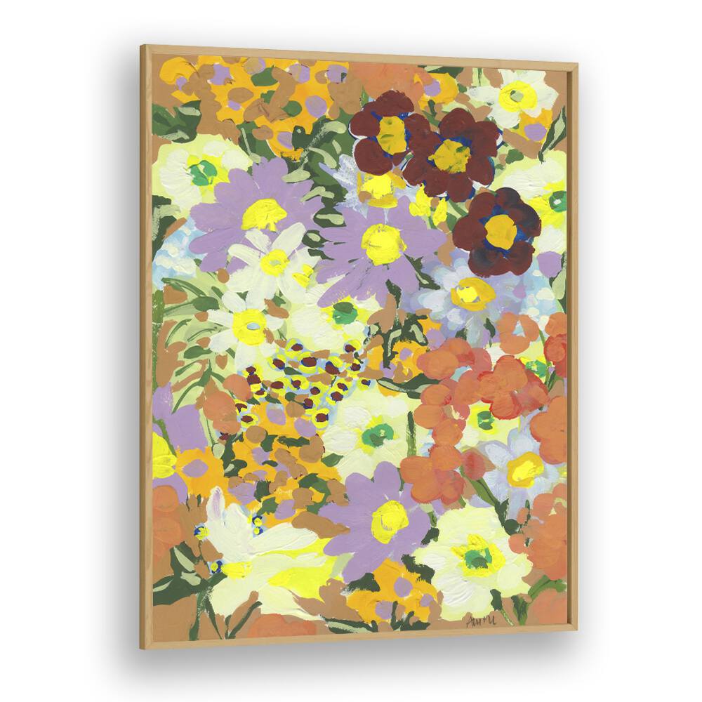 Violet Daisies And Orange Marigold By Ania Zwara Botanical Art Prints Floral Paintings in Oak Wood Plain Frame