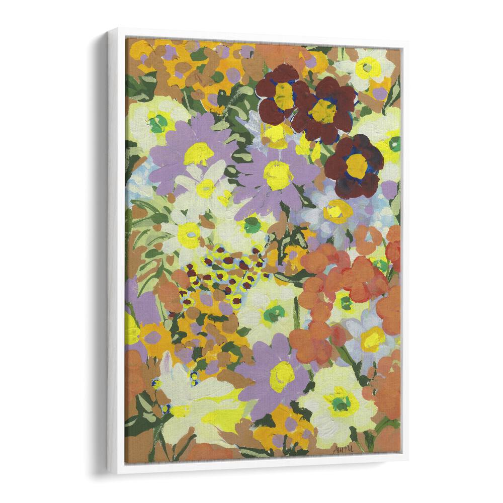 Violet Daisies And Orange Marigold By Ania Zwara Botanical Art Prints Floral Paintings in White Floater Frame