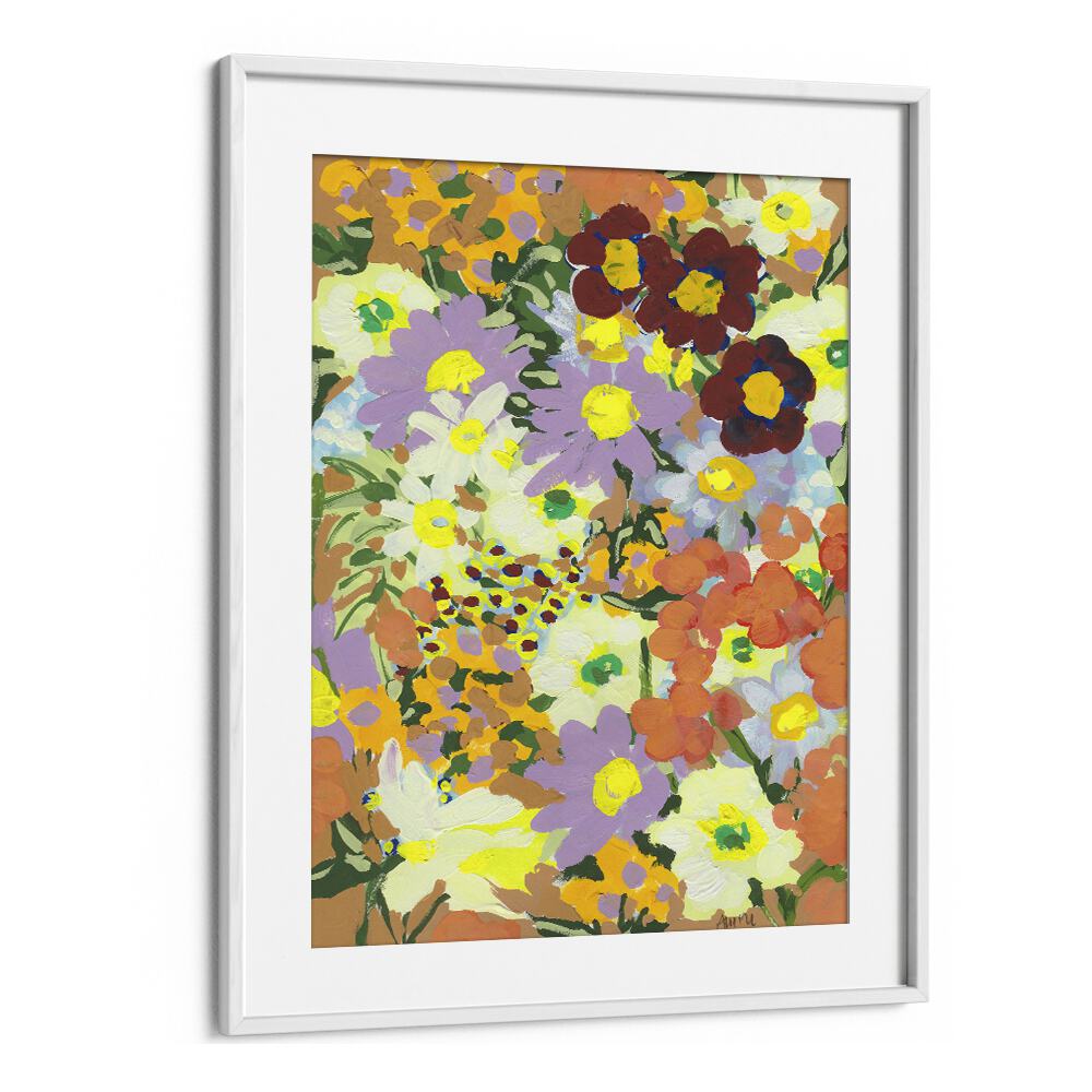 Violet Daisies And Orange Marigold By Ania Zwara Botanical Art Prints Floral Paintings in White Frame With Mount