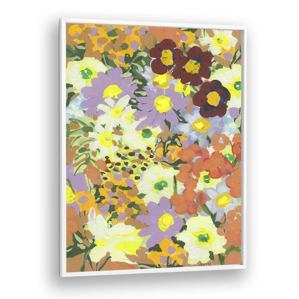 Violet Daisies And Orange Marigold By Ania Zwara Botanical Art Prints Floral Paintings in White Plain Frame