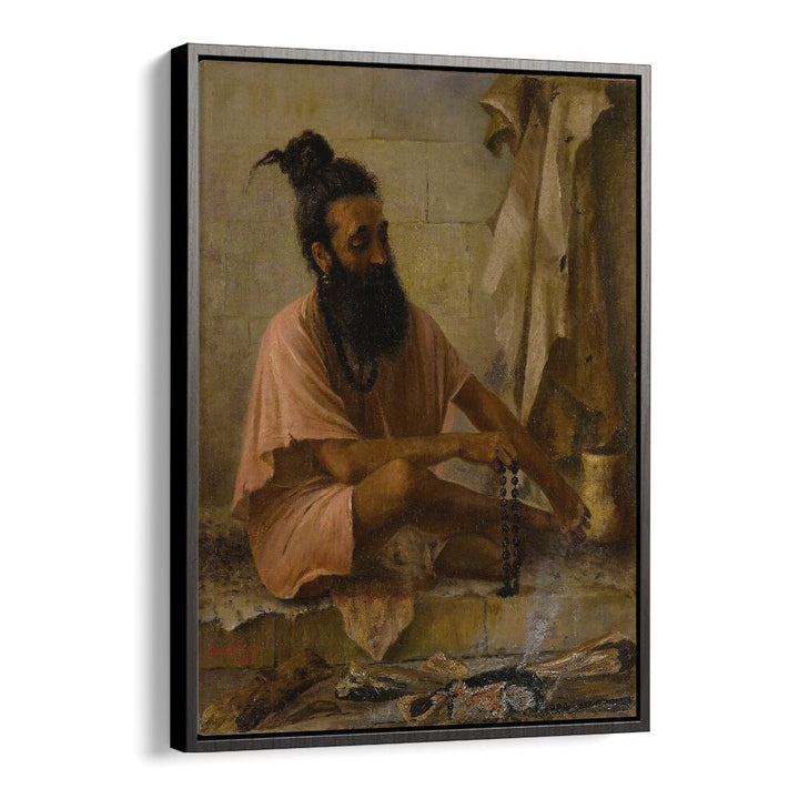 Vishvamitra Meditation By Raja Ravi Varma Indian Paintings in Black Floater Frame