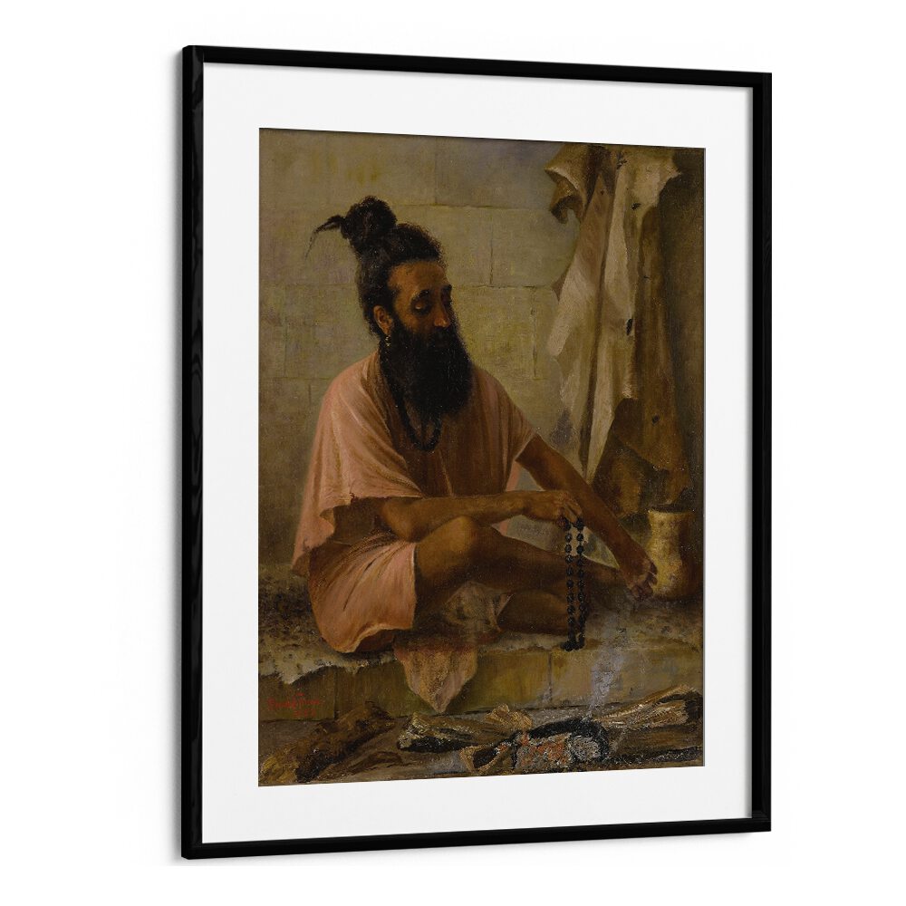 Vishvamitra Meditation By Raja Ravi Varma Indian Paintings in Black Frame With Mount