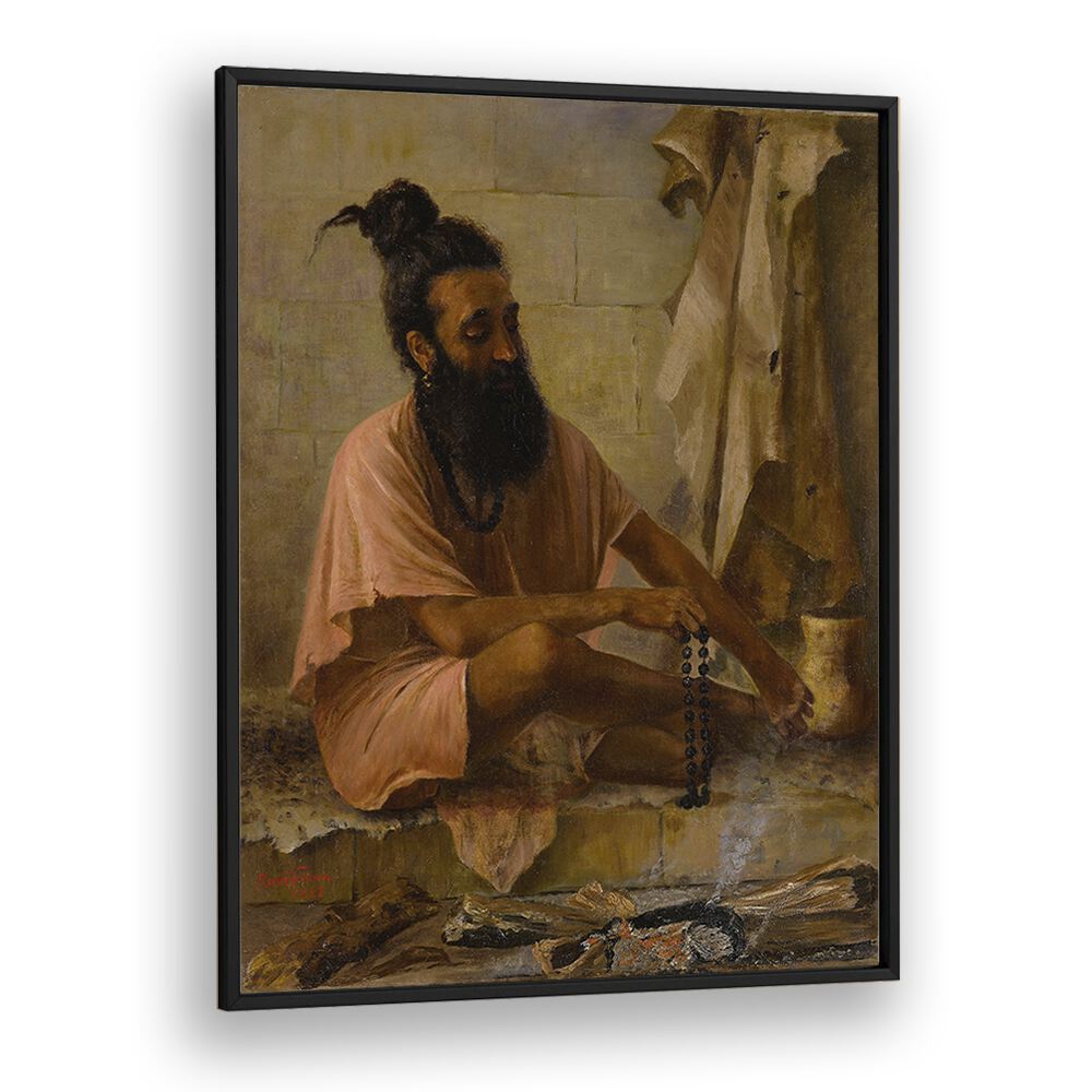 Vishvamitra Meditation By Raja Ravi Varma Indian Paintings in Black Plain Frame