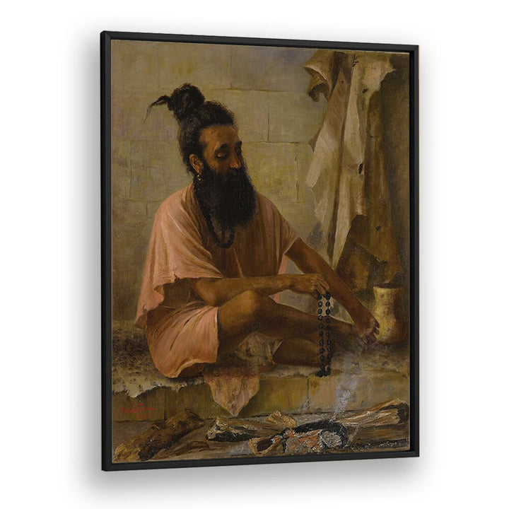 Vishvamitra Meditation By Raja Ravi Varma Indian Paintings in Black Plain Frame