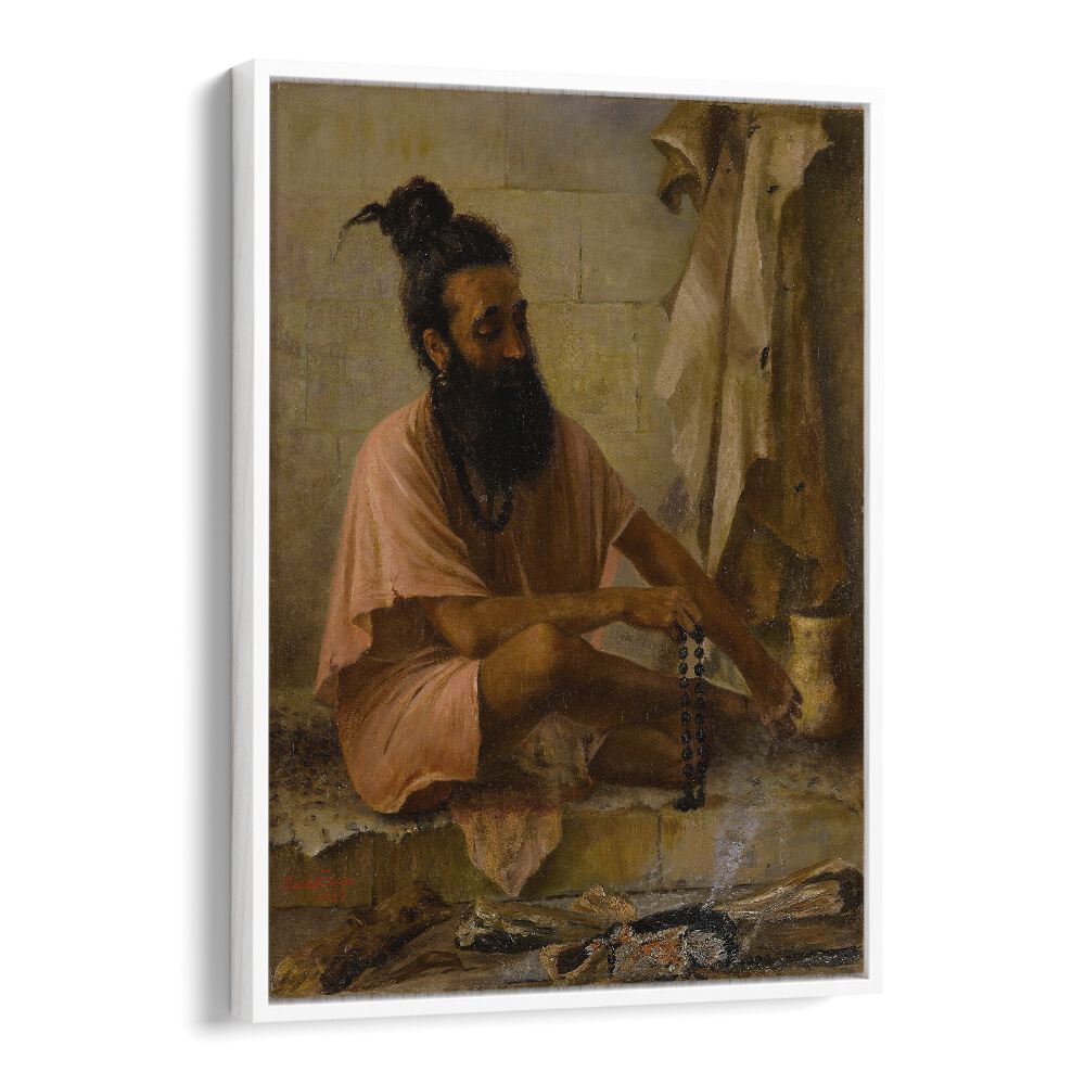 Vishvamitra Meditation By Raja Ravi Varma Indian Paintings in White Floater Frame