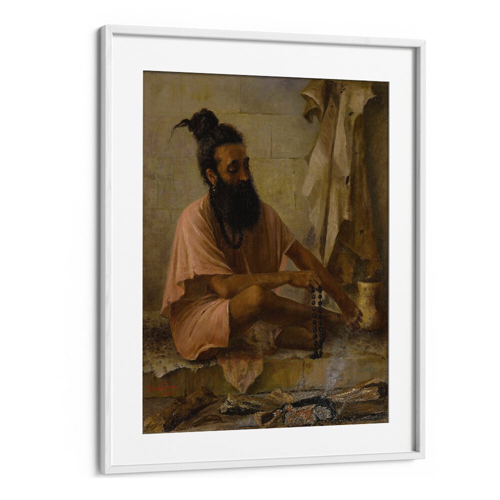 Vishvamitra Meditation By Raja Ravi Varma Indian Paintings in White Frame With Mount