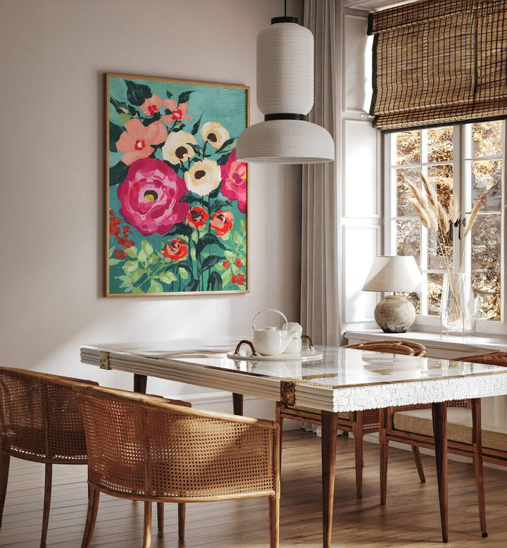 Viva Magenta Peonies By Ania Zwara Botanical Art Prints Floral Paintings in Oak Wood Plain Frame placed on a Cream Colored Wall near a Dining Table in the Dining Room