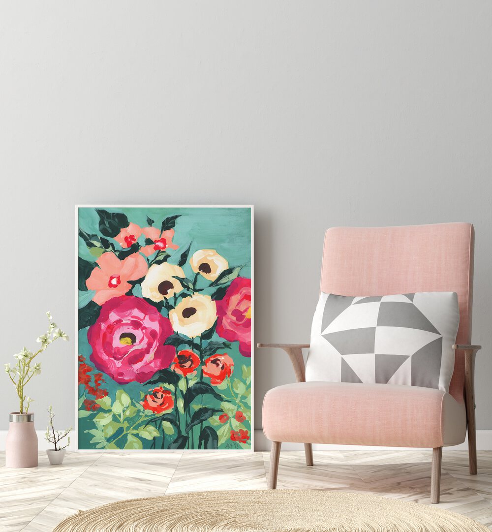 Viva Magenta Peonies By Ania Zwara Botanical Art Prints Floral Paintings in White Plain Frame placed on the floor near a Grey Colored Wall in the Drawing Room