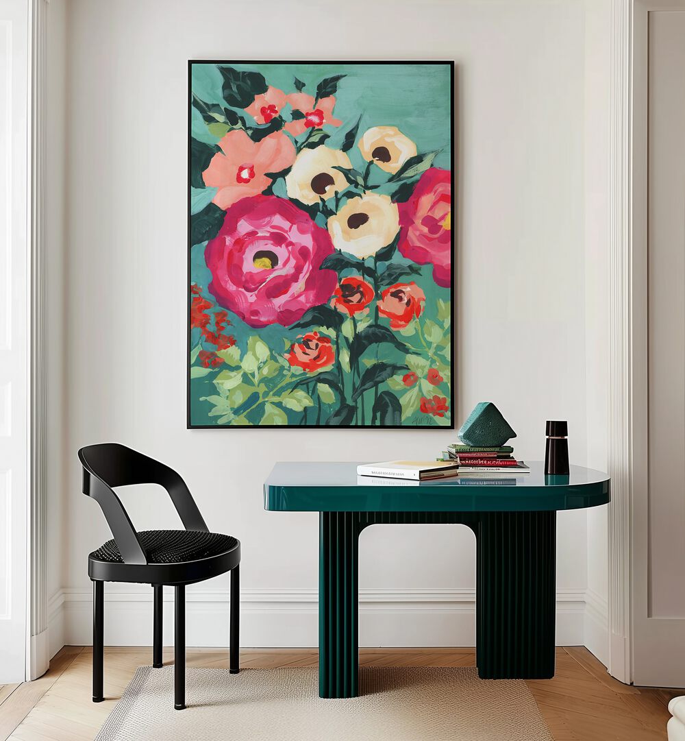 Viva Magenta Peonies By Ania Zwara Botanical Art Prints Floral Paintings in Black Plain Frame placed on a Cream Colored Wall near a Table in a Workspace in the Drawing Room