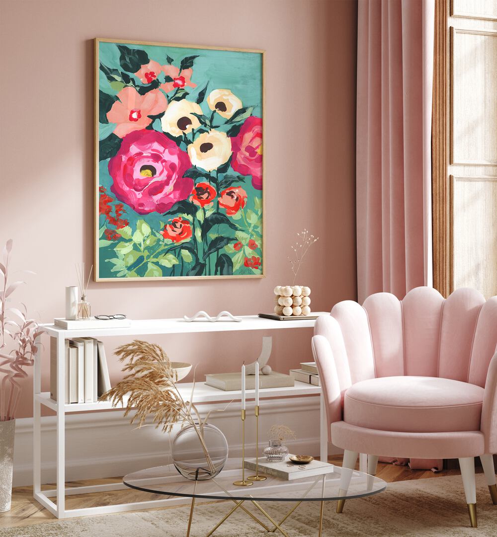 Viva Magenta Peonies By Ania Zwara Botanical Art Prints Floral Paintings in Oak Wood Plain Frame placed on a Pink Colored Wall above a Console Table in the Drawing Room