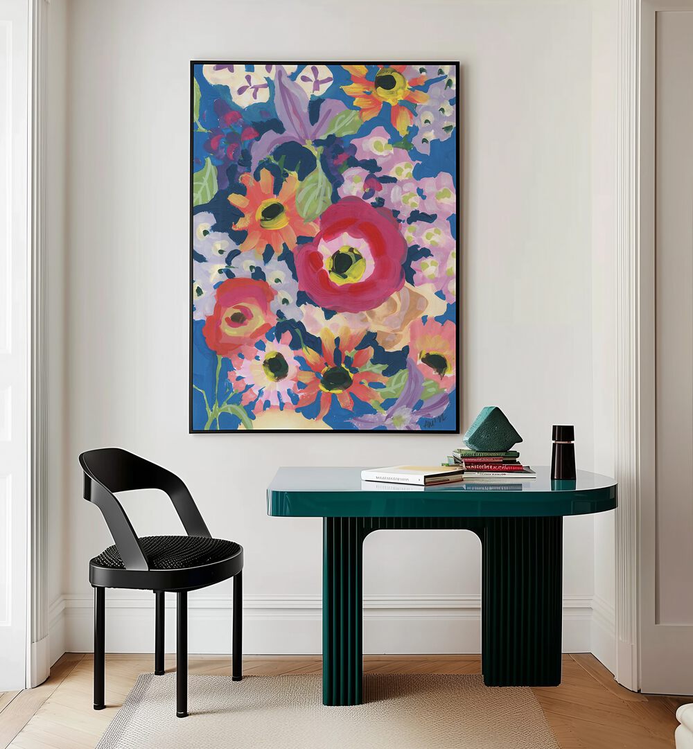 Viva Magenta Poppy By Ania Zwara Botanical Art Prints Floral Paintings in Black Plain Frame placed on a Cream Colored Wall near a Table in a Workspace in the Drawing Room