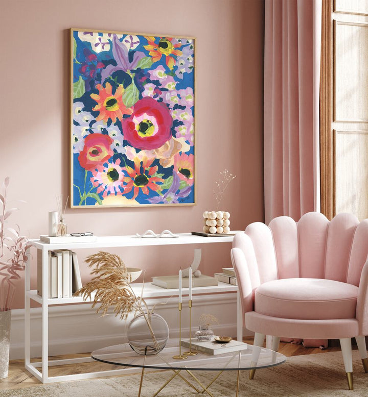 Viva Magenta Poppy By Ania Zwara Botanical Art Prints Floral Paintings in Oak Wood Plain Frame placed on a Pink Colored Wall above a Console Table in the Drawing Room