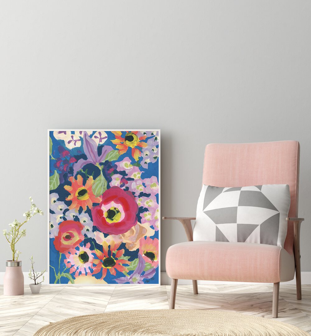 Viva Magenta Poppy By Ania Zwara Botanical Art Prints Floral Paintings in White Plain Frame placed on the floor near a Grey Colored Wall in the Drawing Room