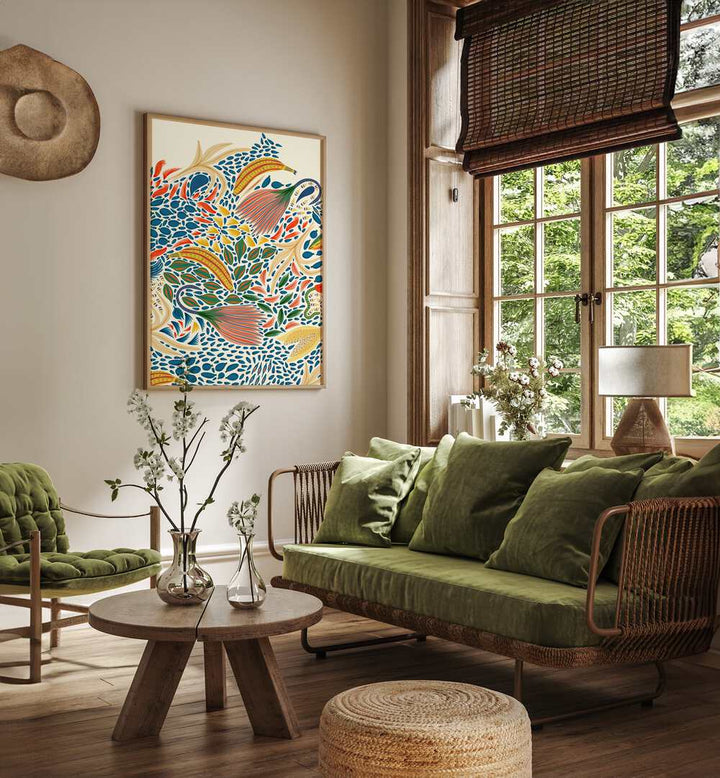 Vylda Botanical Flower Paintings Floral Paintings in Oak Wood Plain Frame placed on a Cream Colored Wall near a Green Sofa in the Living Room