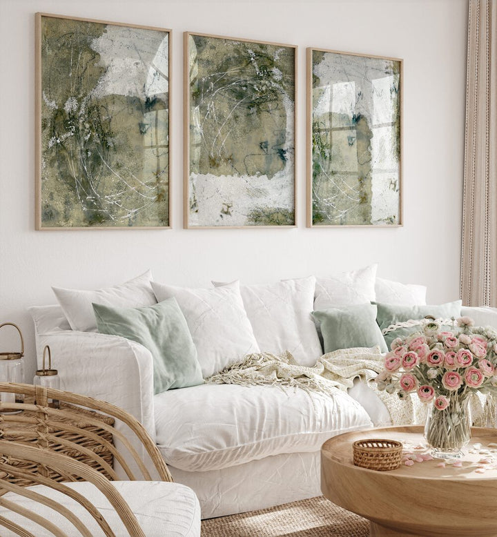 WABI-SABI SILENCE SET, SET OF 3 PAINTINGS showcasing minimalist art with earthy tones, perfect for serene decor.