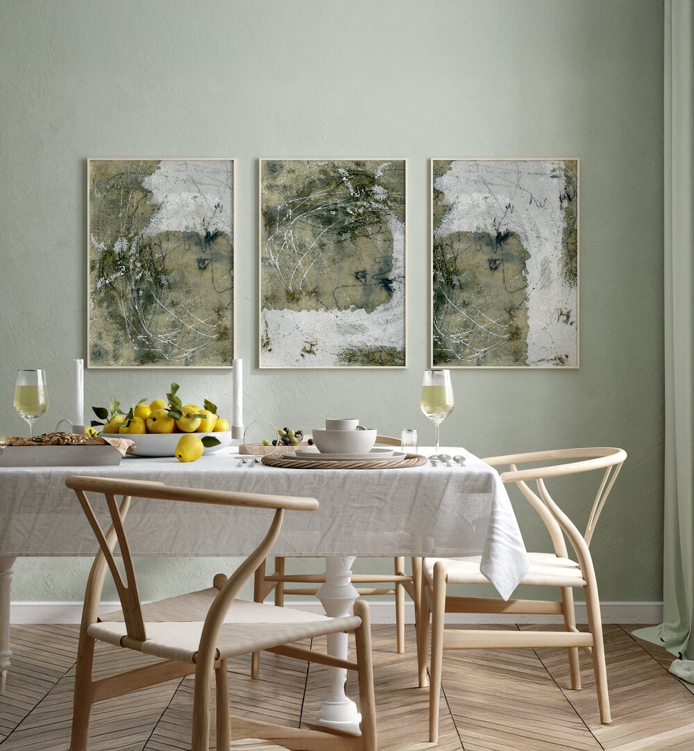 WABI-SABI SILENCE SET, SET OF 3 PAINTINGS showcasing minimalist art with earthy tones, perfect for serene decor.