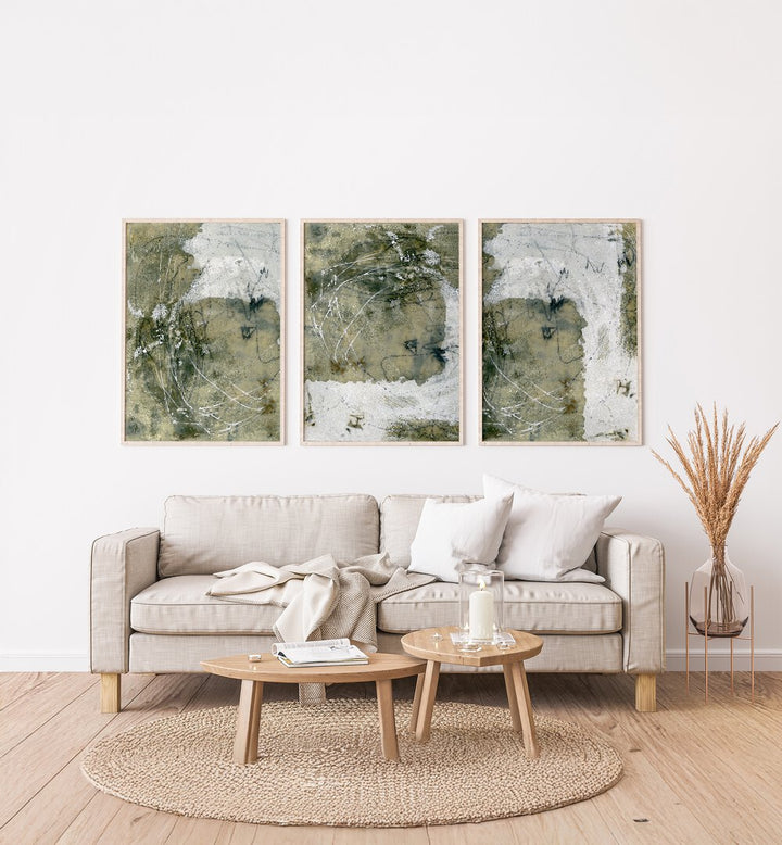 WABI-SABI SILENCE SET, SET OF 3 PAINTINGS showcases minimalist artistry in earthy tones, perfect for serene spaces.