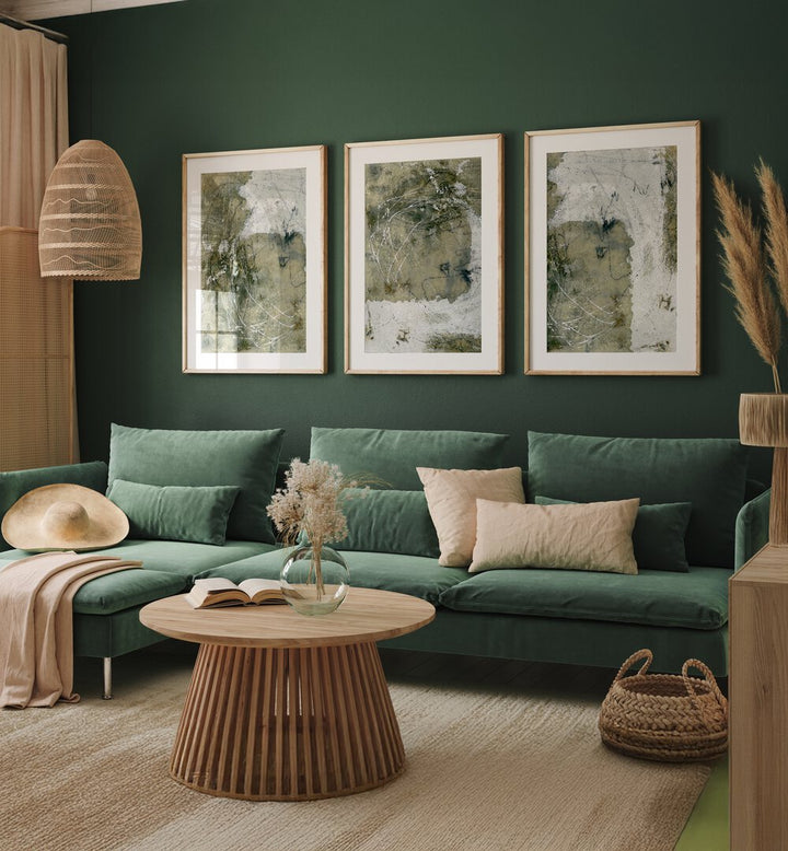 WABI-SABI SILENCE SET, SET OF 3 PAINTINGS showcases minimalist art with soft tones, perfect for serene interiors.
