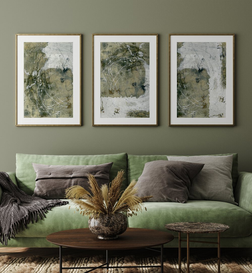 WABI-SABI SILENCE SET, SET OF 3 PAINTINGS showcases minimalist art with earthy tones for serene decor.