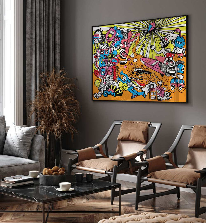 Wacky World Comic Art Artwork in Black Plain Frame in Living Room on a Grey Wall