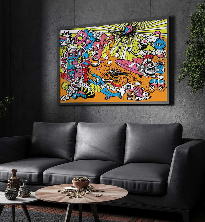 Wacky World Comic Art Artwork in Black Plain Frame Placed on a Stone Textured Dark Grey Wall Behind Black Sofa in the Living Room 